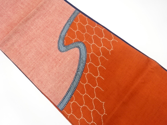 手織り紬　切りばめ　刺し子　流水模様　袋帯